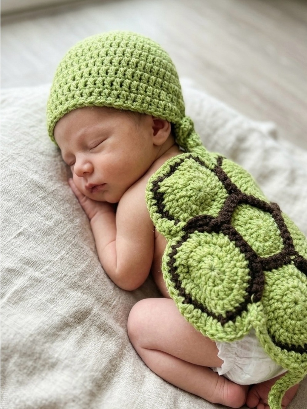 Handmade Baby Turtle Crochet Hat and Shell Set - Light Green one piece